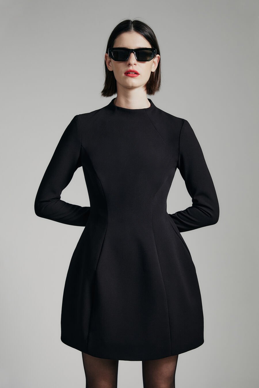 DELPHI LONG SLEEVE MINI DRESS in colour BLACK